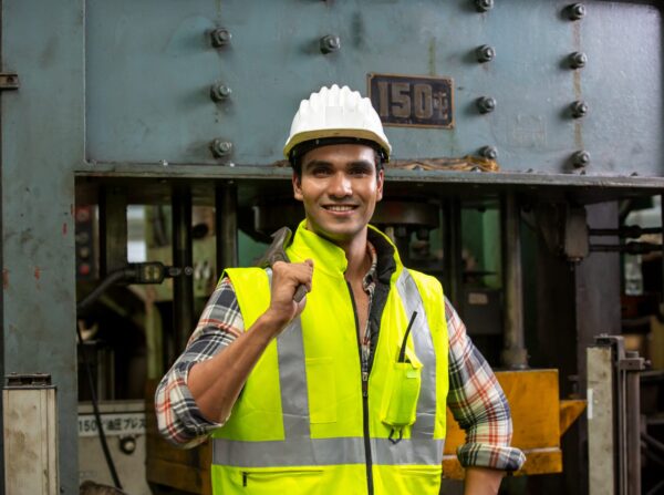 Industrial Engineers in Hard Hats.Work at the Heavy Industry Manufacturing Factory.industrial worker indoors in factory.aged man working in an industrial
